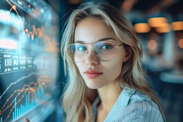 beautiful businesswoman with glasses and a holographic screen projecting financial data for analysis.