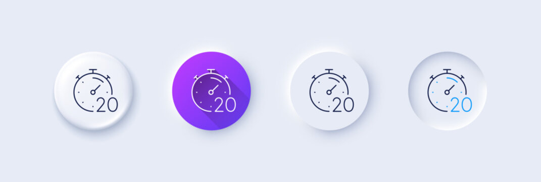 Timer 20 minutes line icon. Neumorphic, Purple gradient, 3d pin buttons. Stopwatch time sign. Countdown clock symbol. Line icons. Neumorphic buttons with outline signs. Vector
