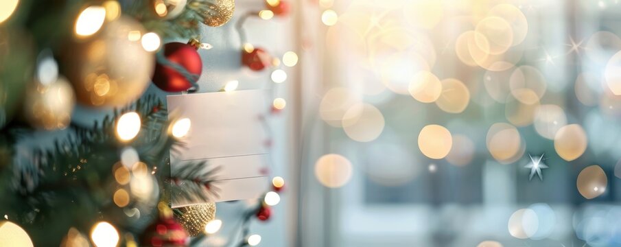 A close-up of a holiday party invitation pinned to an office notice board, surrounded by Christmas decorations