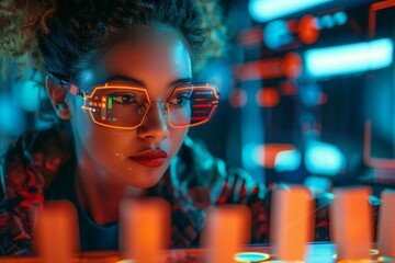 Fototapeta premium Beautiful African American woman wearing futuristic eyeglasses uses AI technology to stop falling dominoes with precision, symbolizing protection and security in business, set