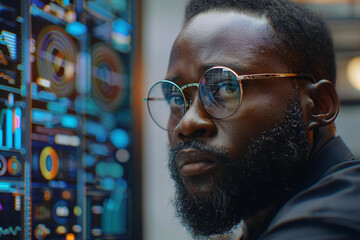 African-American businessman with a well-groomed beard wearing eyeglasses analyzes data on holographic screens with AI assistance at a futuristic office desk.