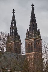 Fototapeta premium Basilica of St. Peter and St. Paul, neo-Gothic church in Vysehrad fortress in Prague, Czech Republic