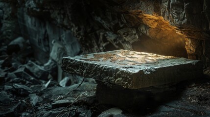 Mystical Stone Platform Ancient Secrets Revealed in Shadowy Cave Environment Nikon D610