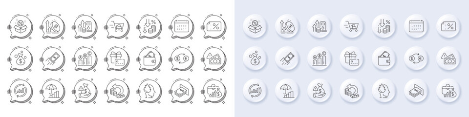 Atm money, Fuel price and Graph chart line icons. White pin 3d buttons, chat bubbles icons. Pack of Gift card, Deflation, Discount banner icon. Currency exchange, Bribe, Calendar pictogram. Vector