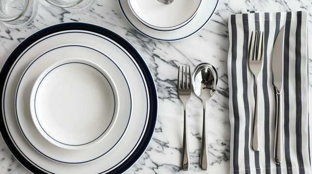 Modern dinnerware is arranged on a marble surface, including white plates with blue trim, silverware, and a striped napkin, creating an elegant table setting