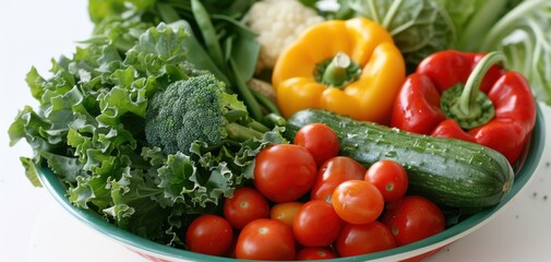 A colorful plate filled with a variety of fresh vegetables, such as leafy greens, bell peppers, and tomatoes, emphasizing their role in preventing diabetes