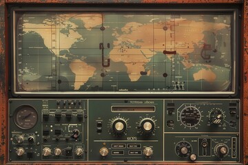 Vintage World Map Control Panel Technology Retro Design