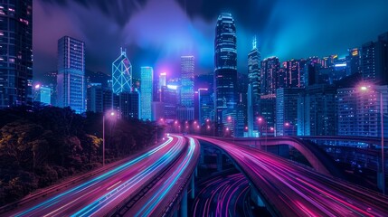 Obraz premium Neon Nights Dynamic Cityscape with Glowing Skyscrapers and Light Trails Futuristic Urban Energy Captured in Stunning Detail with Nikon Z7 II