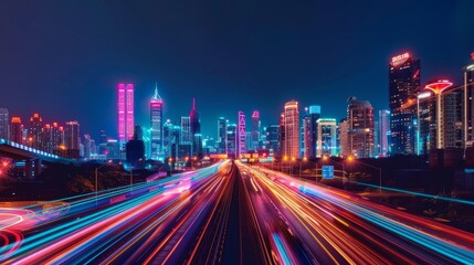 Fototapeta premium Neon Nights Dynamic Cityscape with Glowing Skyscrapers and Light Trails Futuristic Urban Energy Captured in Stunning Detail with Nikon Z7 II