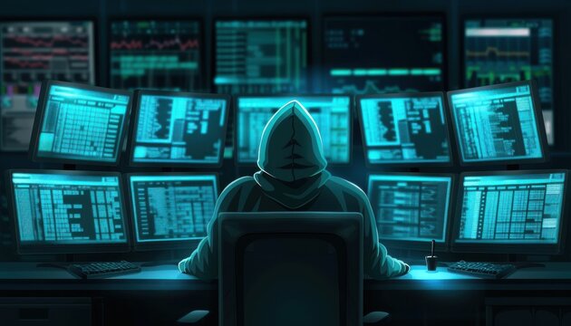 A detailed shot of a hacker in a dark room, wearing a hoodie and working on multiple monitors filled with complex code and security bypasses