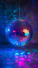 Colorful disco ball hanging in a dimly lit space