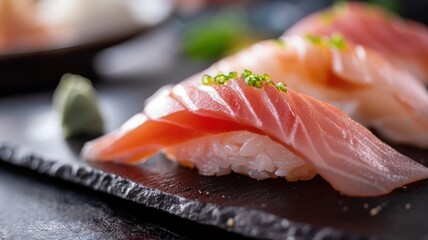 A detailed shot of a piece of nigiri sushi, with perfectly sliced raw fish draped over a small mound of vinegared rice, topped with a dab of wasabi