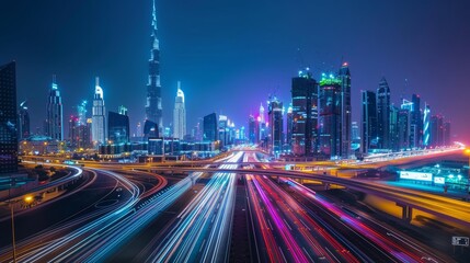 Fototapeta premium City Lights Vibrant Neon Cityscape with Illuminated Skyscrapers and Light Trails Capturing the FastPaced Urban Lifestyle HighQuality Night Shot by Canon EOS 5DS R