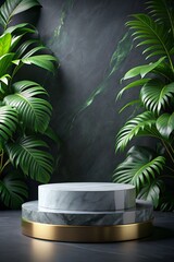 Obraz premium Luxurious empty marble stone podium with lush green leaves on a dark background