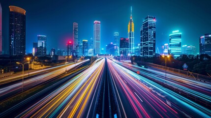 Fototapeta premium Urban Pulse Vibrant Cityscape at Night with Light Trails and Neon Lights High Energy Urban Scene Captured with Canon EOS 6D Mark II for Stunning Detail and Clarity