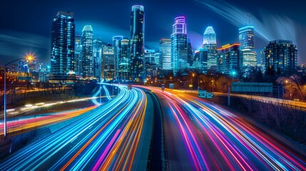 Fototapeta premium Neon Nights Vibrant Cityscape with Light Trails and Futuristic Skyscrapers Capturing the Dynamic Energy of Urban Life with Canon EOS 6D Mark II