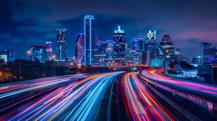 Fototapeta premium Urban Pulse Dynamic Cityscape with Vibrant Lights and HighSpeed Traffic Capturing the Energy and Futuristic Vibe of Modern Life. Shot with Fujifilm GFX 100 for Unmatched Resolution and Color Accuracy.