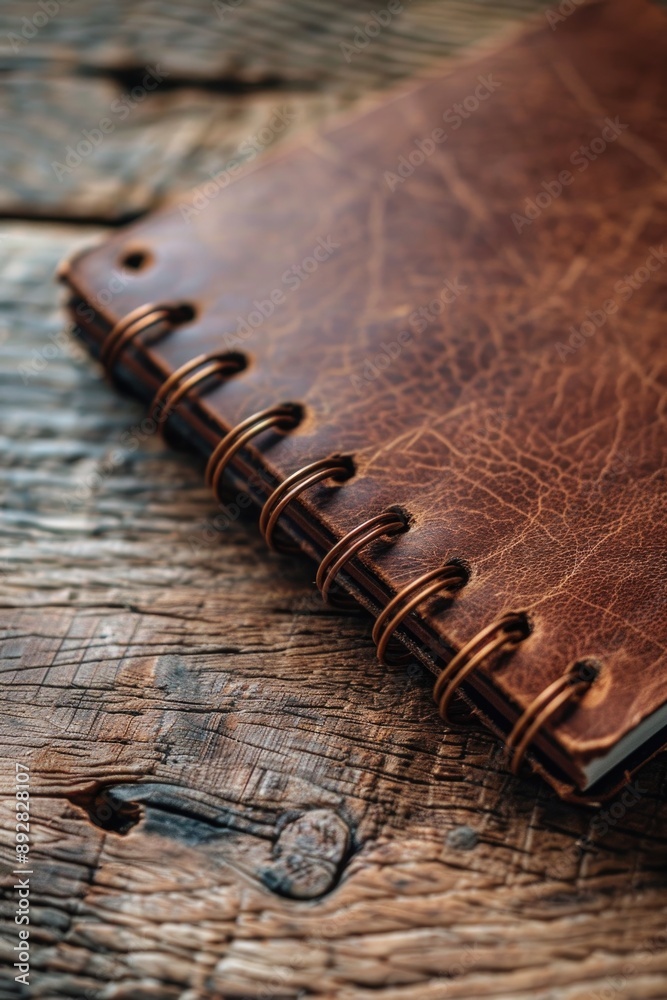 Poster a close-up shot of a leather-bound notebook resting on a wooden table