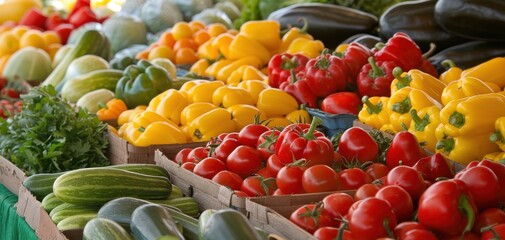 A farmer's market stall displaying an array of colorful, fresh produce and whole foods