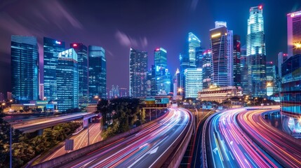 Obraz premium City Lights Vibrant Urban Skyline at Night with Speeding Cars and Dynamic Light Trails Capturing the Energy and Modernity of Urban Life with Nikon Z7 II