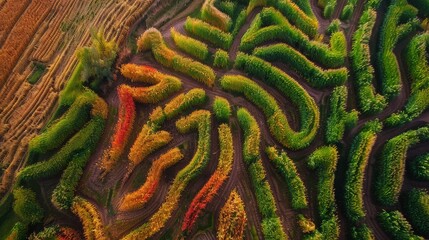 Fototapeta premium Corn maze with autumn colors. Corn maze aerial view