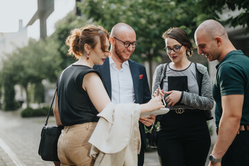 A group of young professionals engage in a collaborative discussion outdoors using a tablet, set in an urban environment.