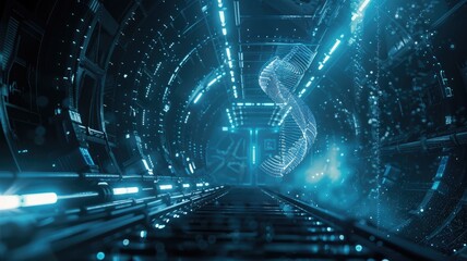 Obraz premium 3D illustration of futuristic tunnel with glowing DNA helix
