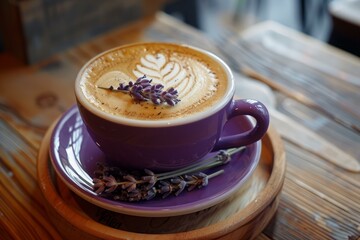 Artistic latte with lavender decoration in a vibrant purple cup on a wooden table