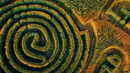 Corn maze with autumn colors. Corn maze aerial view