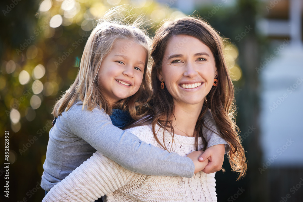 Sticker Piggyback, mom and girl child in park for love, care or bonding together with single parent or wellness. Development, relax or happy mother in nature for support, security or safety with smile or kid