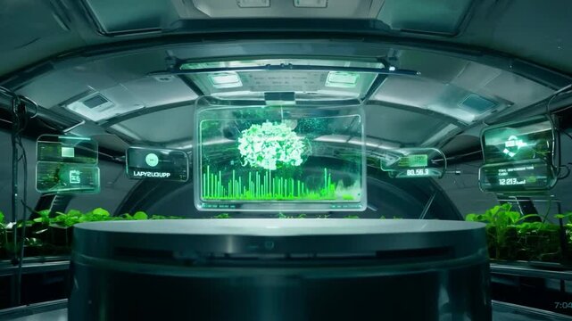 Spacecraft hydroponics lab with an empty metal circle podium