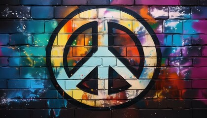 Obraz premium A multicolored peace symbol painted on a colorful brick wall.
