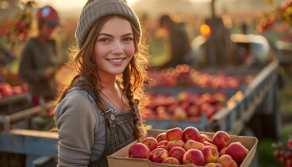 Smiling young woman carrying box of freshly picked red apples. Dressed in casual work clothes with hat. Warm, golden late afternoon light. Background shows workers harvesting apples.