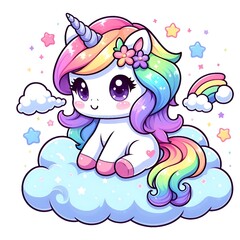 Fototapeta premium Cute unicorn with wings on a cloud, rainbow, pink and blue colors