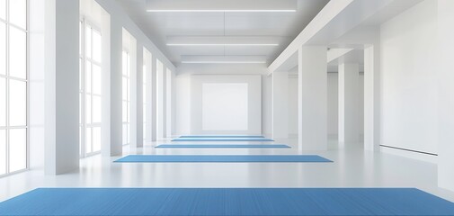 Fototapeta premium A minimalist yoga studio with blue mats, white walls, and a large area of blank space for copy space