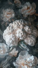 Large head of cauliflower surrounded by white peonies. The background is dark graphite, with a misty, dreamy atmosphere.