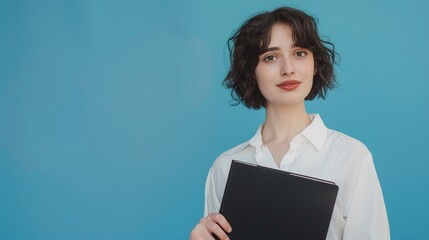Obraz premium Beautiful business woman with dark short hair in white shirt