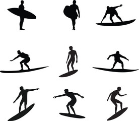 A collection of surfer silhouettes for artwork compositions