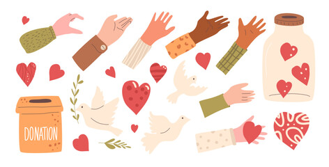 Charity set. Hands with hearts shape, donation box and dove of peace. Palms with charity and kindness symbols kit. Vector hand drawn collection illustration isolated on white background.