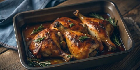 Baked chicken with a crust and herbs, kitchen, recipe background wallpaper