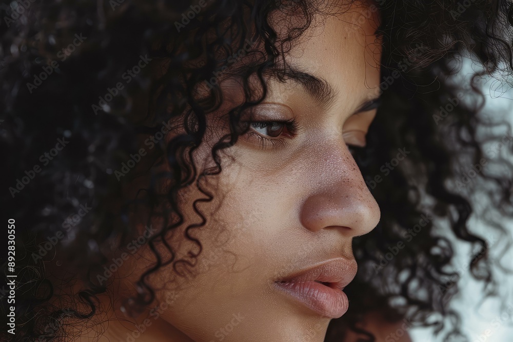 Poster closeup of a contemplative woman with natural curls and delicate freckles against a blurred backgrou