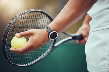 Court, racket and tennis with hands for game, competition and challenge outdoor for professional...