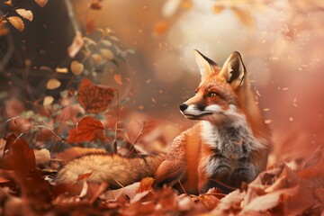 Red fox sitting in autumn leaf in forest. Cute beautiful animal in the nature habitat. Wildlife scene and wild nature concept. Fall season beauty. Banner with copy space