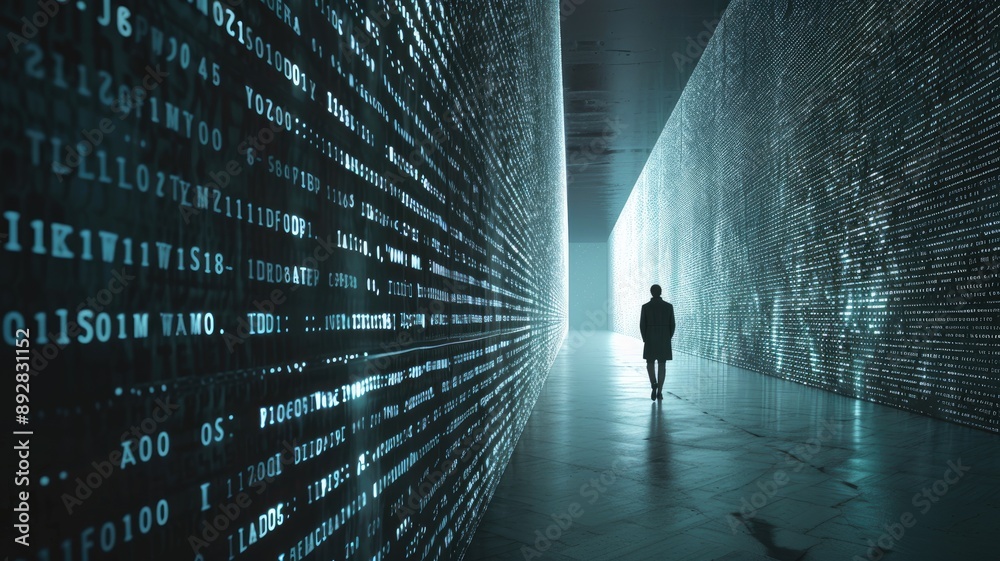 Wall mural person walking through corridor illuminated by data code, symbolizing cyber environment