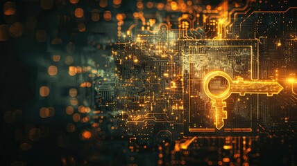 Obraz premium Digital representation of cybersecurity concept with glowing key on circuit board
