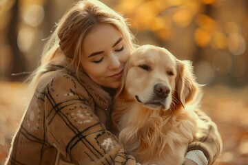 Young woman hugging golden retriever in autumn park. Friendship and pet love concept. Companion and friend. Girl cuddling her dog in forest. Banner, poster