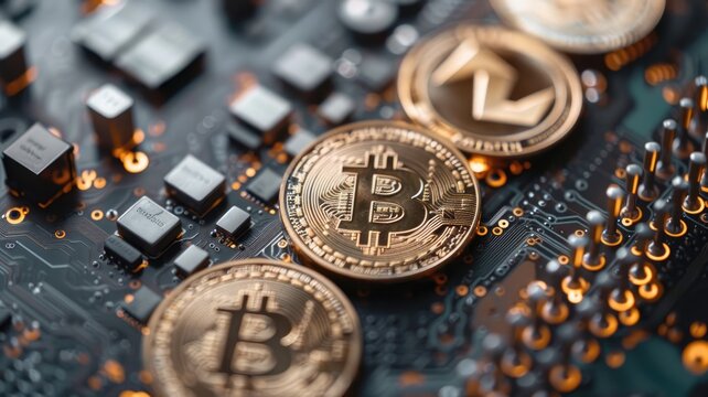 Cryptocurrency coins on circuit board indicating digital currency concept