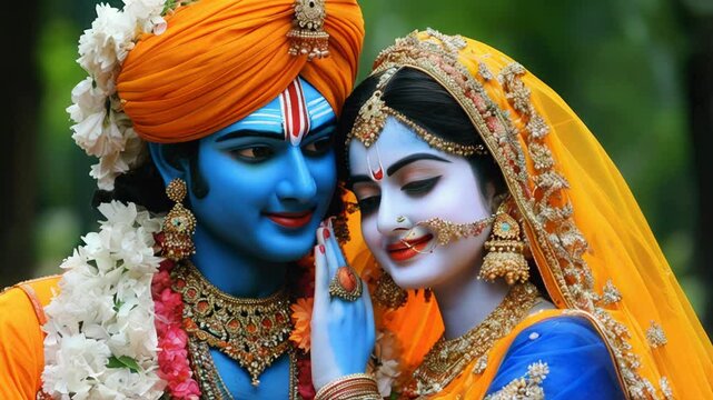 Immerse yourself in the divine love of Krishna and Radha with this beautifully captured moment. Watch as their adorned figures, vibrant attire, and expressive faces tell a timeless story of devotion