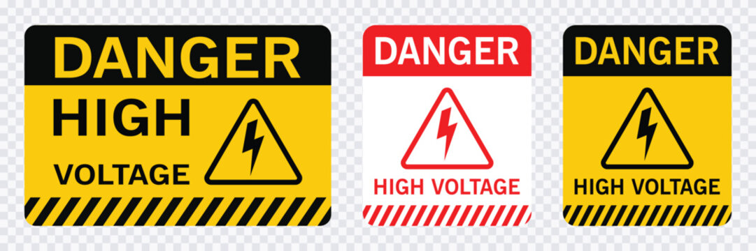 Hight Voltage Signs with Warning Message for Industrial Areas, Danger Hight Voltage stickers in transparent background	