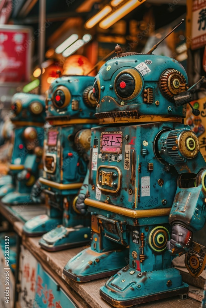 Aufkleber a row of blue robots sitting on a shelf, great for tech or sci-fi themed projects